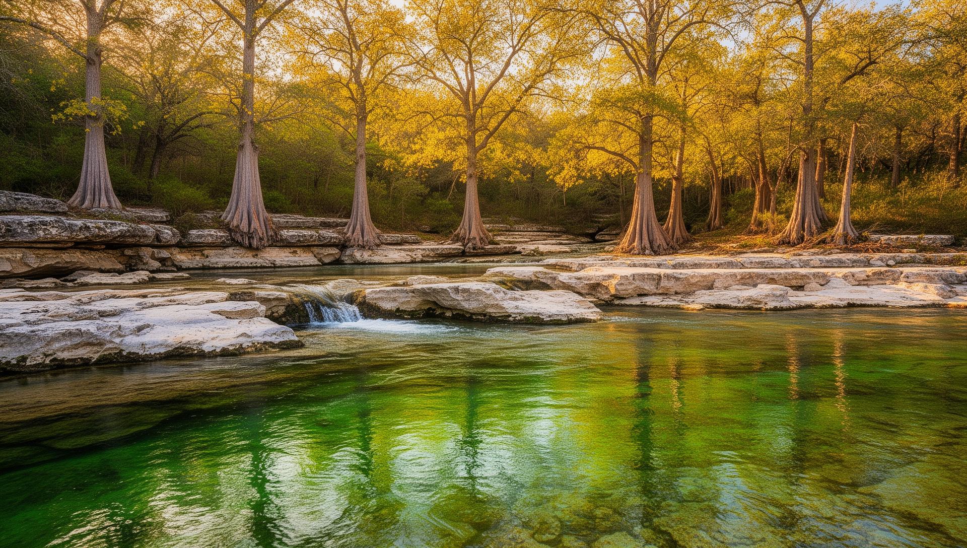 Beautiful Texas Hill Country river with cypress trees and limestone